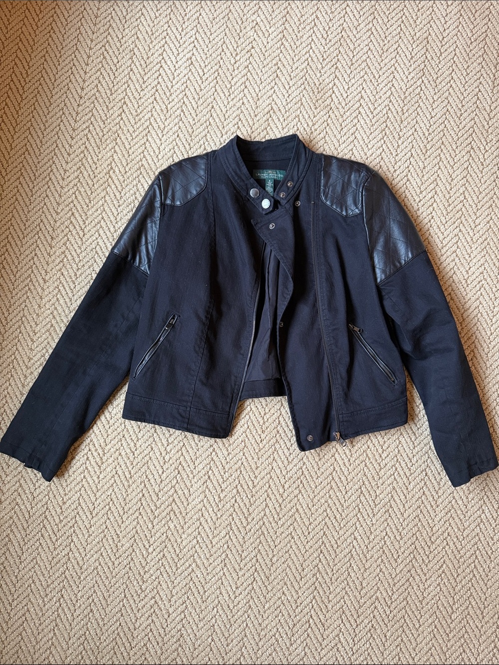 Lauren Ralph Lauren Women's Black Mixed-Material Moto Jacket Vintage